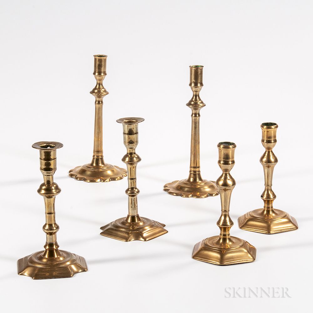 Appraisal: Three Near Pairs of Brass Candlesticks Three Near Pairs of