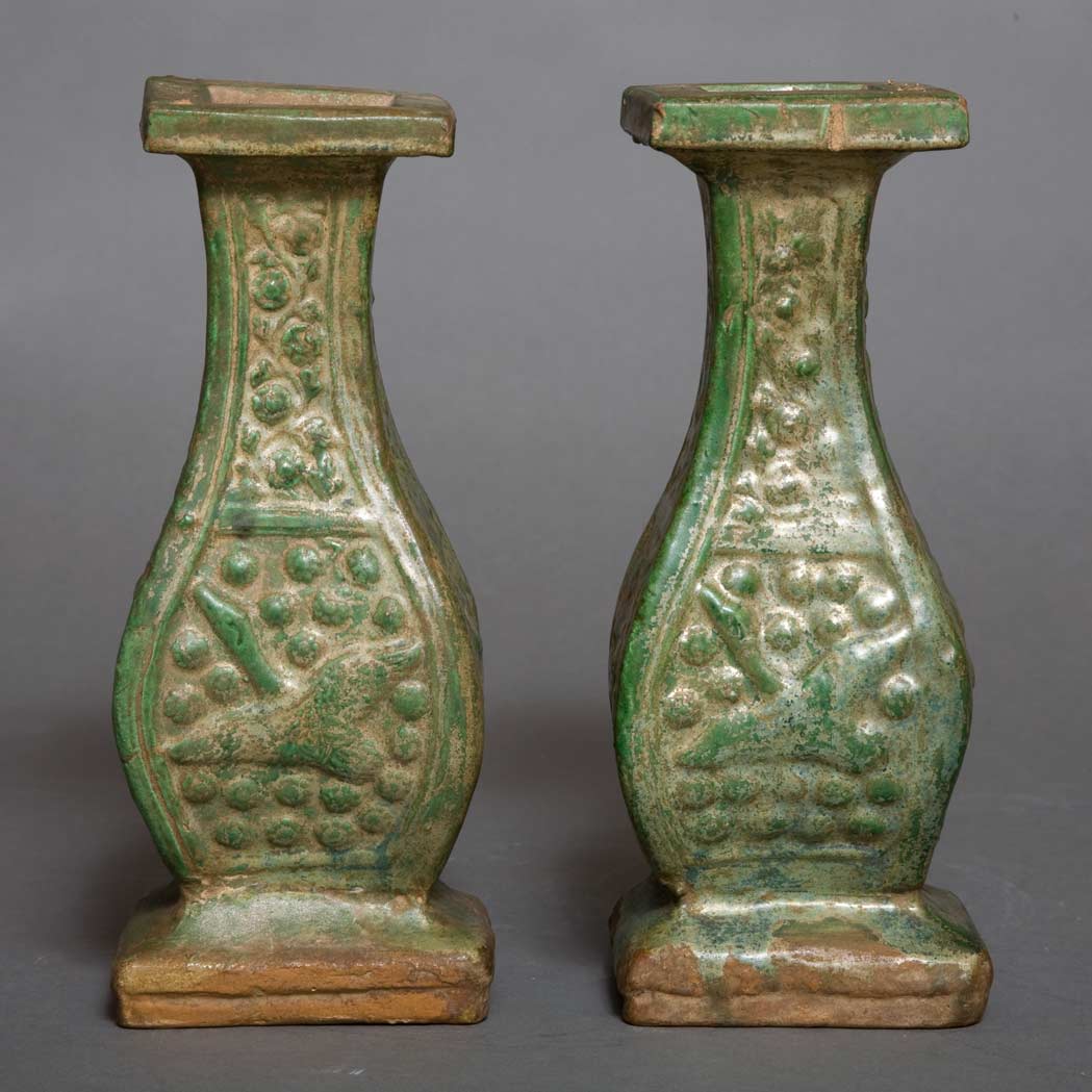 Appraisal: Pair of Chinese Green Glazed Pottery Vases Possibly Liao Dynasty