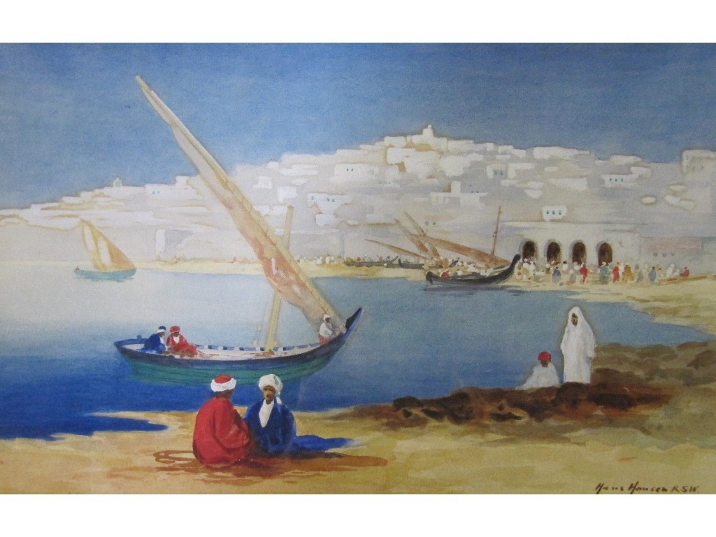 Appraisal: HANS HANSEN RSW - Watercolour coastal scene with feluccas Morocco