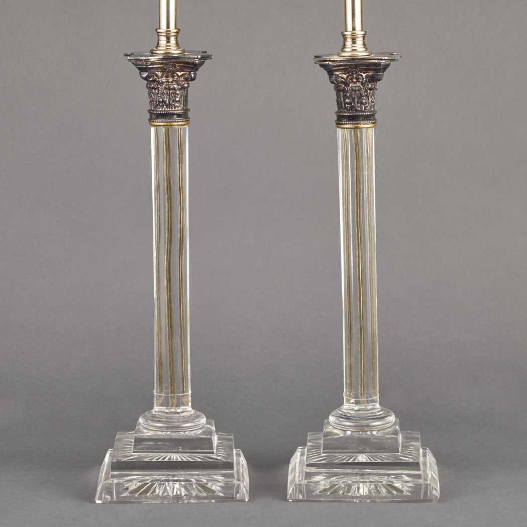 Appraisal: Pair of Gilt-Metal Mounted Glass Lamps Each of columnar form