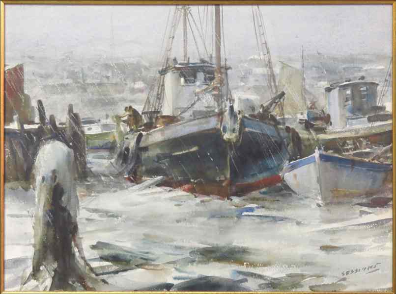 Appraisal: JAMES MILTON SESSIONS - RAINY HARBOR SCENE Watercolor signed ''x