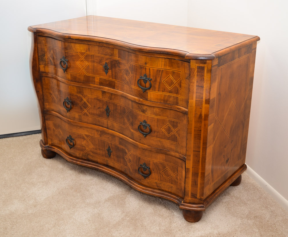 Appraisal: DRAWER INLAID SERPENTINE DRESSER Serpentine top and front geometric parquetry