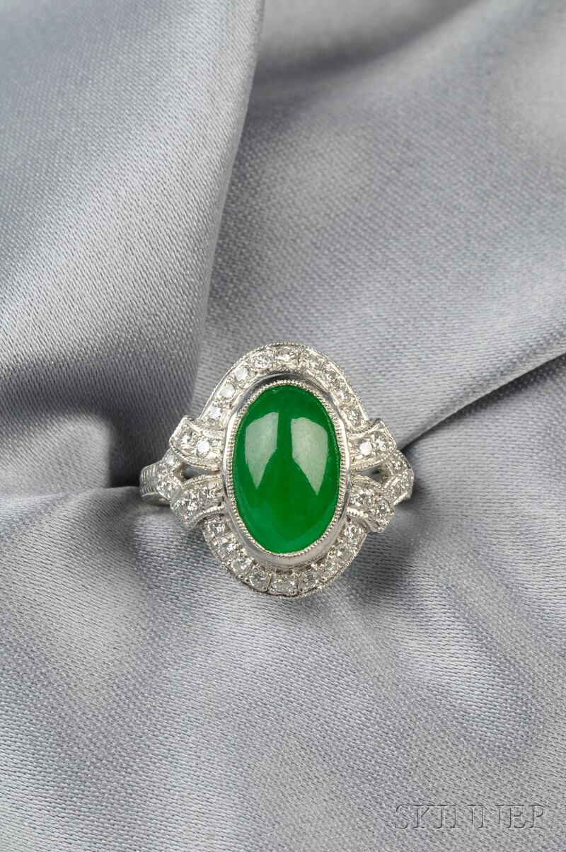 Appraisal: Platinum Jadeite and Diamond Ring set with an oval cabochon