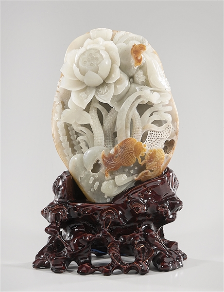 Appraisal: Chinese carved jade fish and flower group with stand x