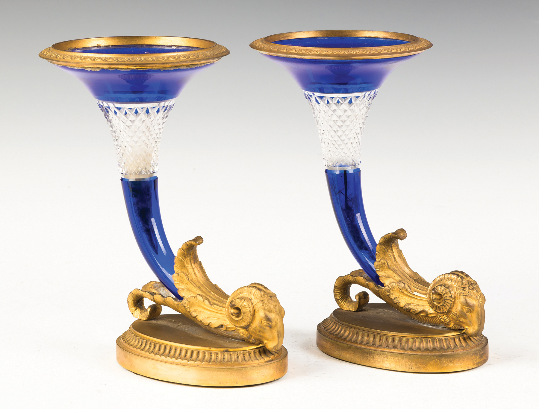 Appraisal: Pair of Gilt Bronze with Cobalt Overlay and Cut Vases