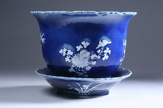 Appraisal: CHINESE BLUE AND WHITE PORCELAIN CACHE POT AND UNDERTRAY th