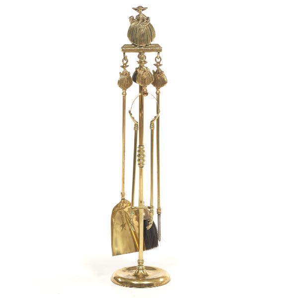 Appraisal: VICTORIAN STYLE BRASS FIVE-PIECE FIREPLACE TOOLS DRUSILLA BY PEERAGE ENGLAND