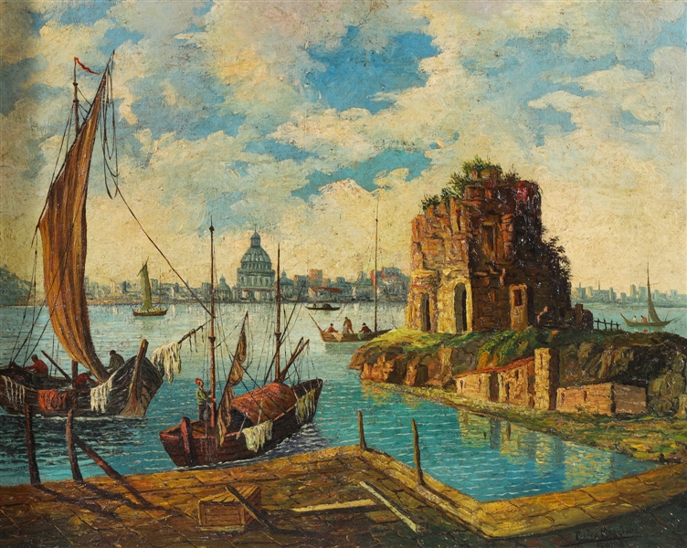 Appraisal: Oil on canvas of a harbor scene signed lower right