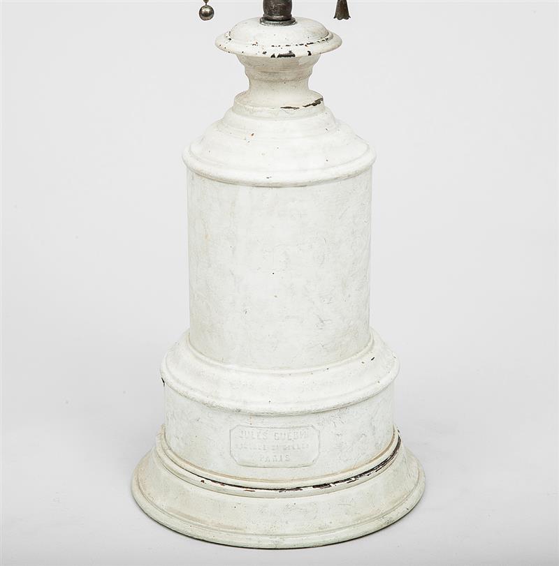 Appraisal: French White-Ground T le Oil Lamp Labeled 'Jules Guebin Paris'