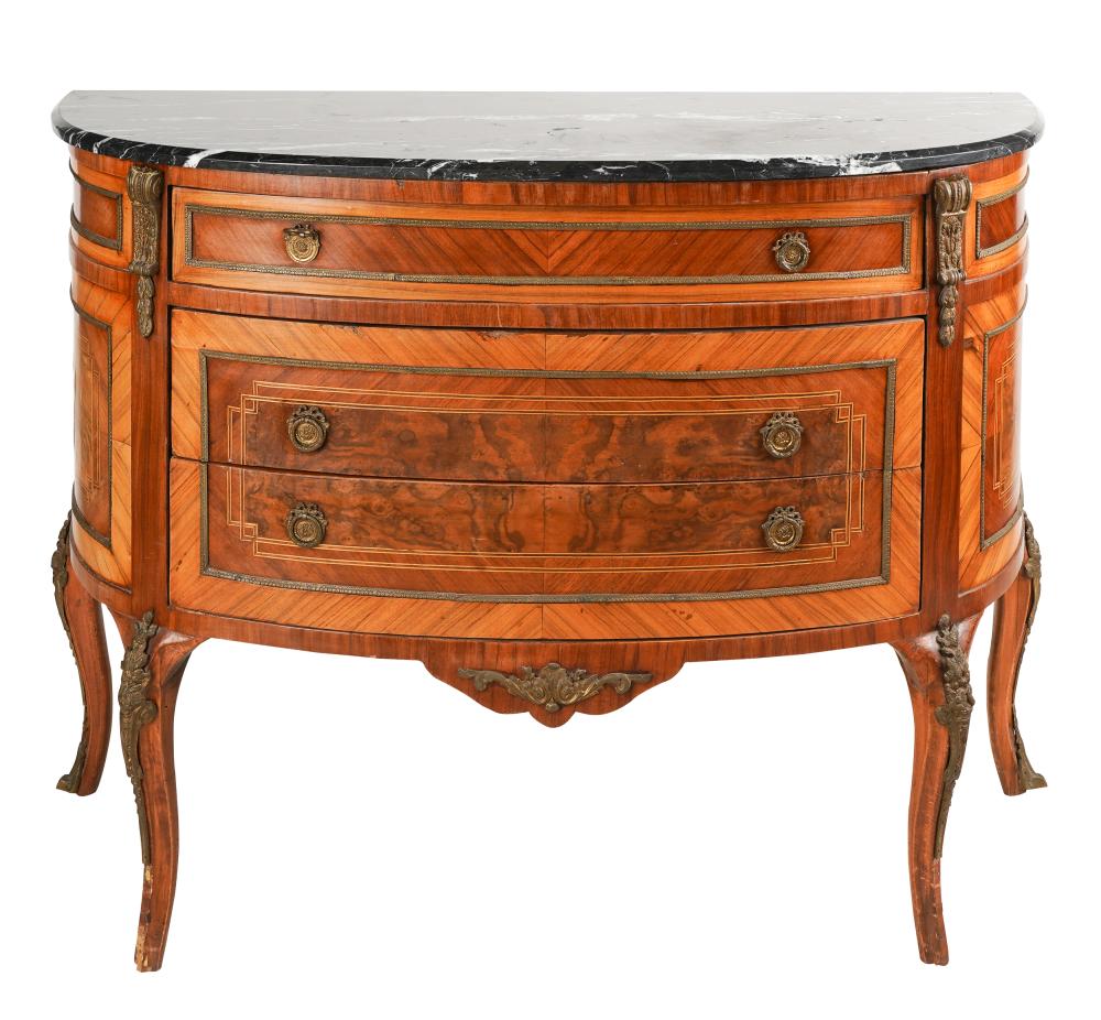 Appraisal: FRENCH MARBLE-TOP PARQUETRY DEMILUNE COMMODEsecond half th century with gilt