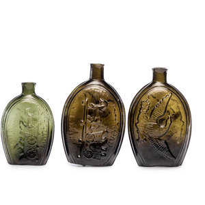 Appraisal: Three Mold-Blown Glass Flasks in Olive American Circa - one