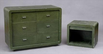 Appraisal: Modern Green-Painted Burlap-Covered Bureau Mirror and Night Stand Bureau x