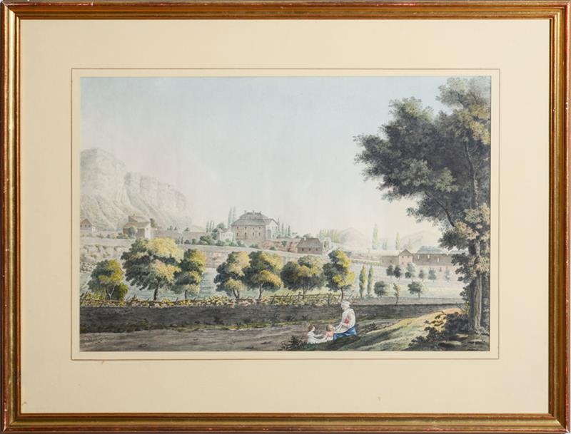 Appraisal: FRENCH SCHOOL COUNTRY LANDSCAPE WITH FIGURES Ink and watercolor on