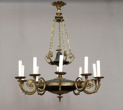 Appraisal: Empire-Style Brass and Patinated Metal Ten-Light Chandelier in in diam