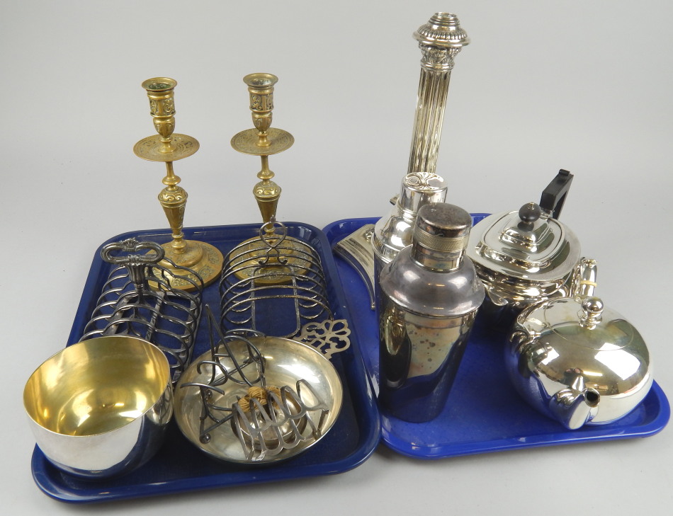 Appraisal: Assorted silver plated ware including Walker Hall oil lamp base