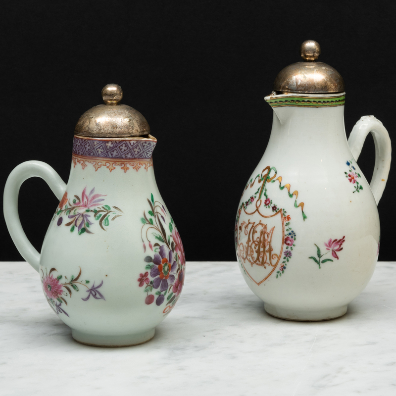 Appraisal: Two Silver-Mounted Chinese Export Porcelain Jugs Unmarked Comprising A monogrammed