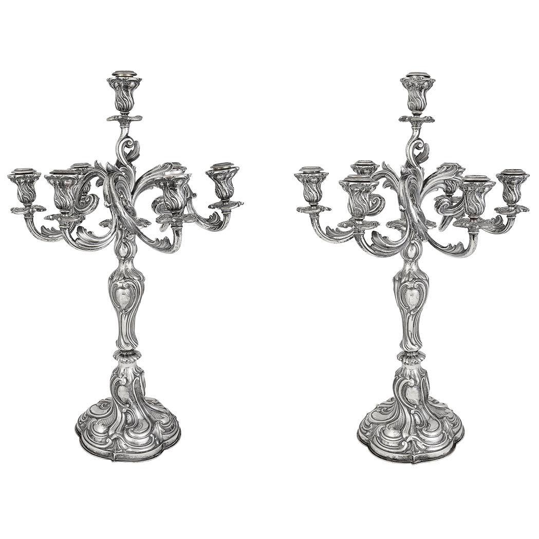 Appraisal: Pair of Continental Silver Seven-Light Candelabra Late th early th