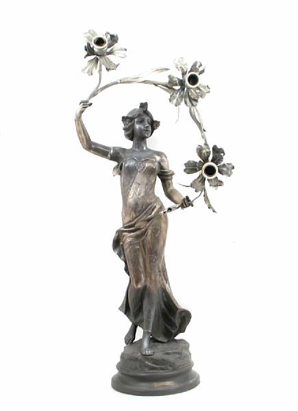 Appraisal: A French spelter three-light figural lamp entitled ELECTRICITE height in