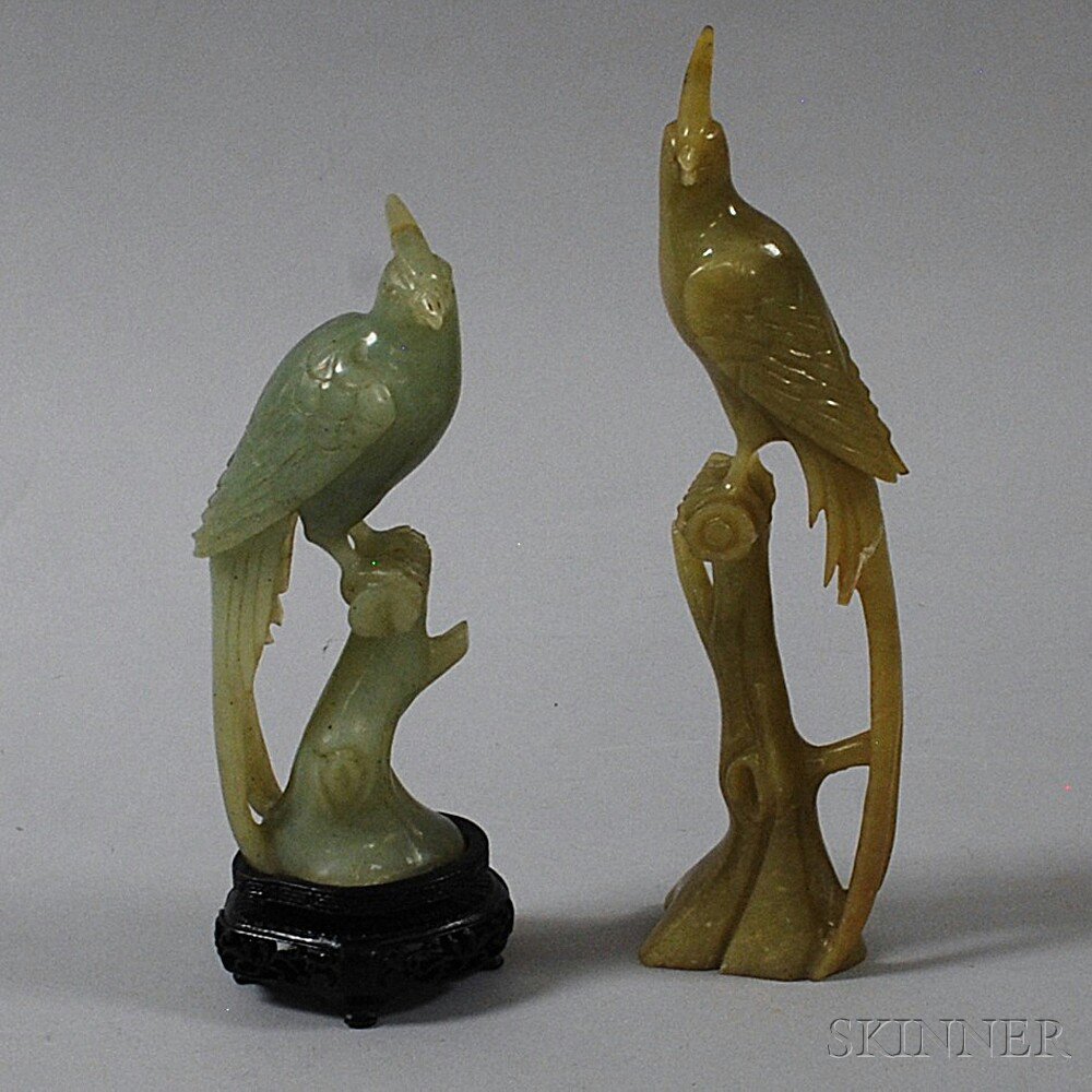 Appraisal: Two Chinese Hardstone Ribbon-tailed Birds pale green and yellowish green