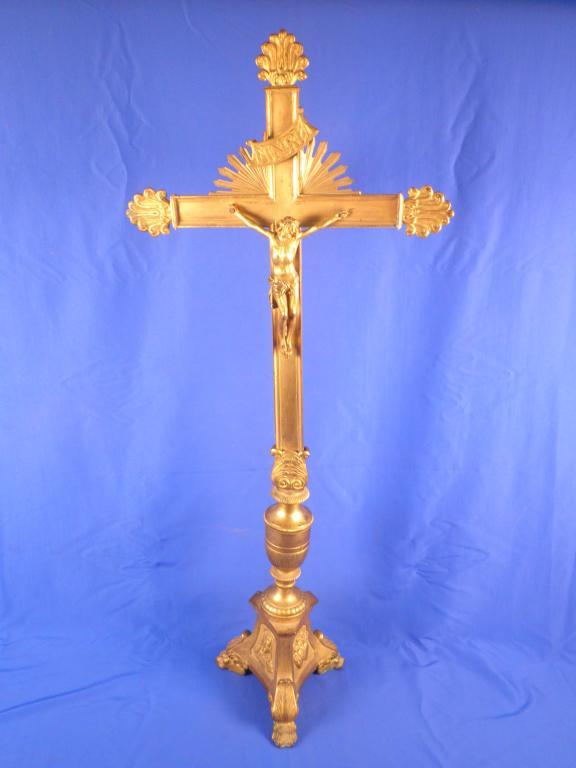 Appraisal: A thC French gilt metal crucifix cast with leaves and