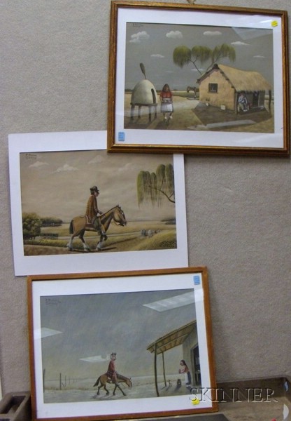 Appraisal: Lot of Three Framed and Unframed Gouaches in the Manner