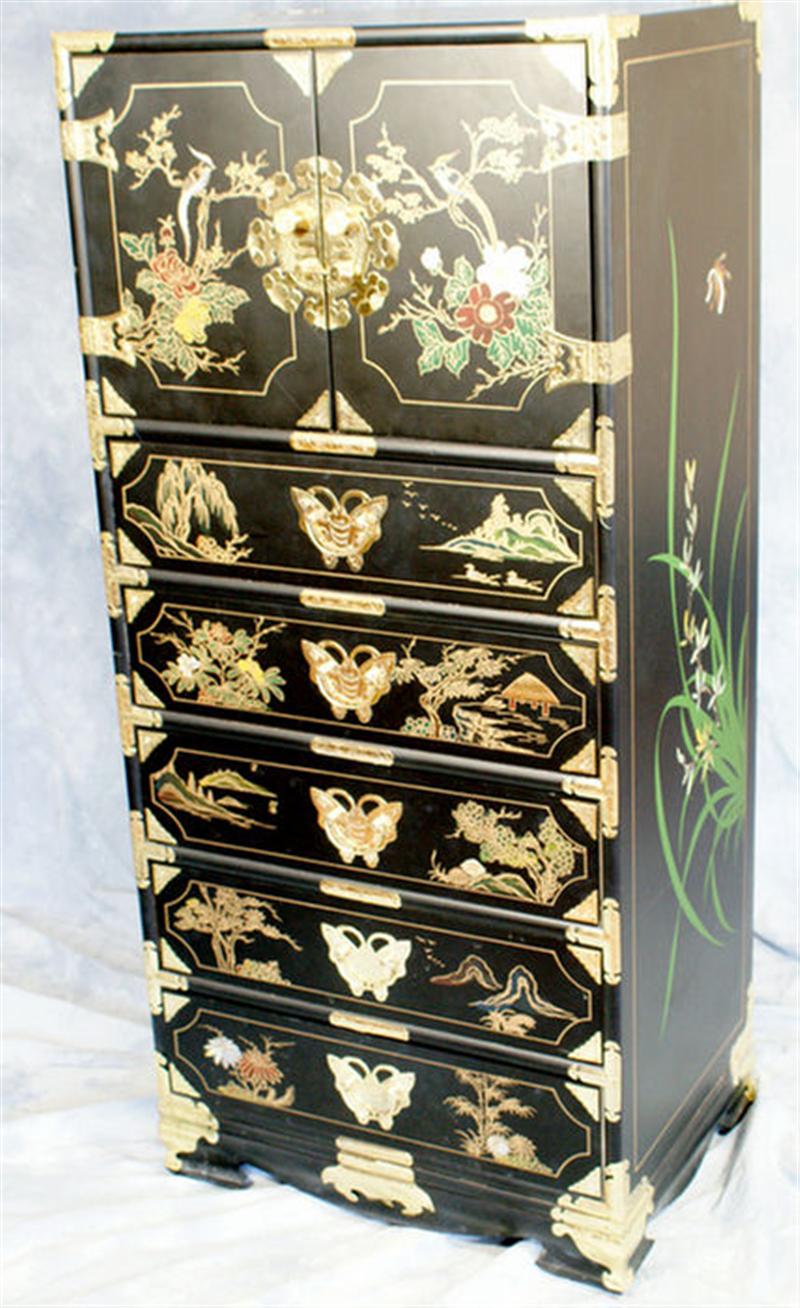 Appraisal: Lacquer decorated Oriental lingerie chest with engraved brass mounts late