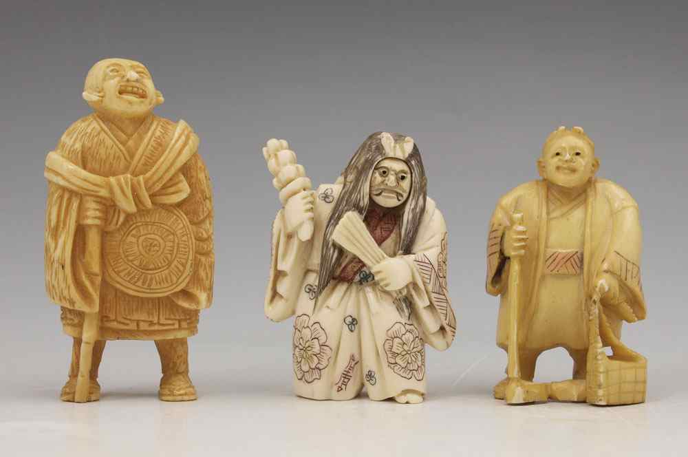 Appraisal: PIECE CARVED IVORY FIGURES NETSUKE To include Elderly man with