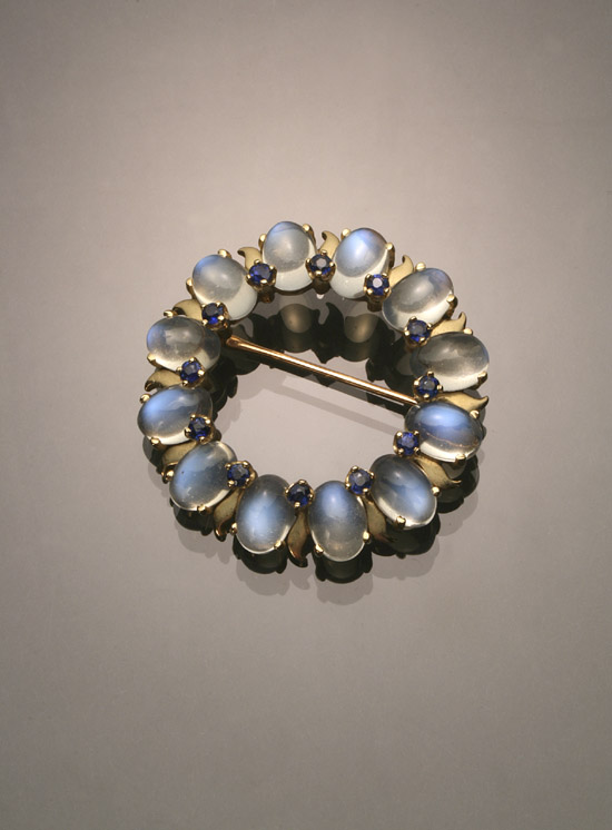 Appraisal: Tested -Karat Yellow-Gold Moonstone and Blue Sapphire Circular Brooch Tiffany