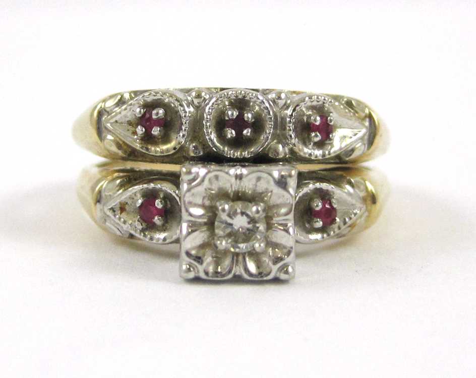 Appraisal: DIAMOND RUBY AND FOURTEEN KARAT GOLD WEDDING SET The k