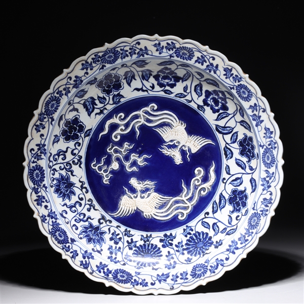 Appraisal: Elaborate Chinese blue and white porcelain charger with phoenix birds