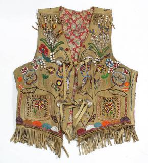 Appraisal: Native American beaded pictorial hide vest Native American beaded pictorial