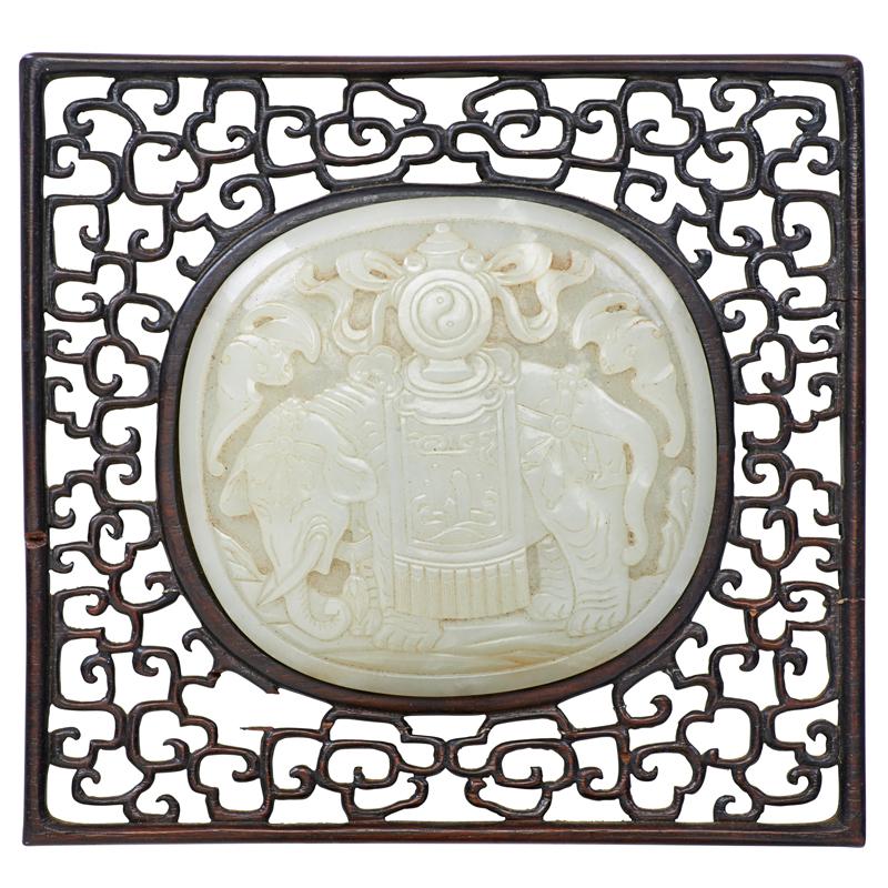 Appraisal: CHINESE CELADON JADE PLAQUE Hand-carved relief scene mounted on hardwood