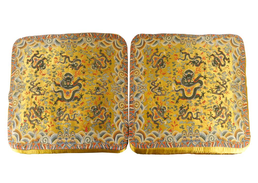 Appraisal: PAIR OF CHINESE EMBROIDERED THRONE CUSHIONSeach depicting Imperial five-claw dragon