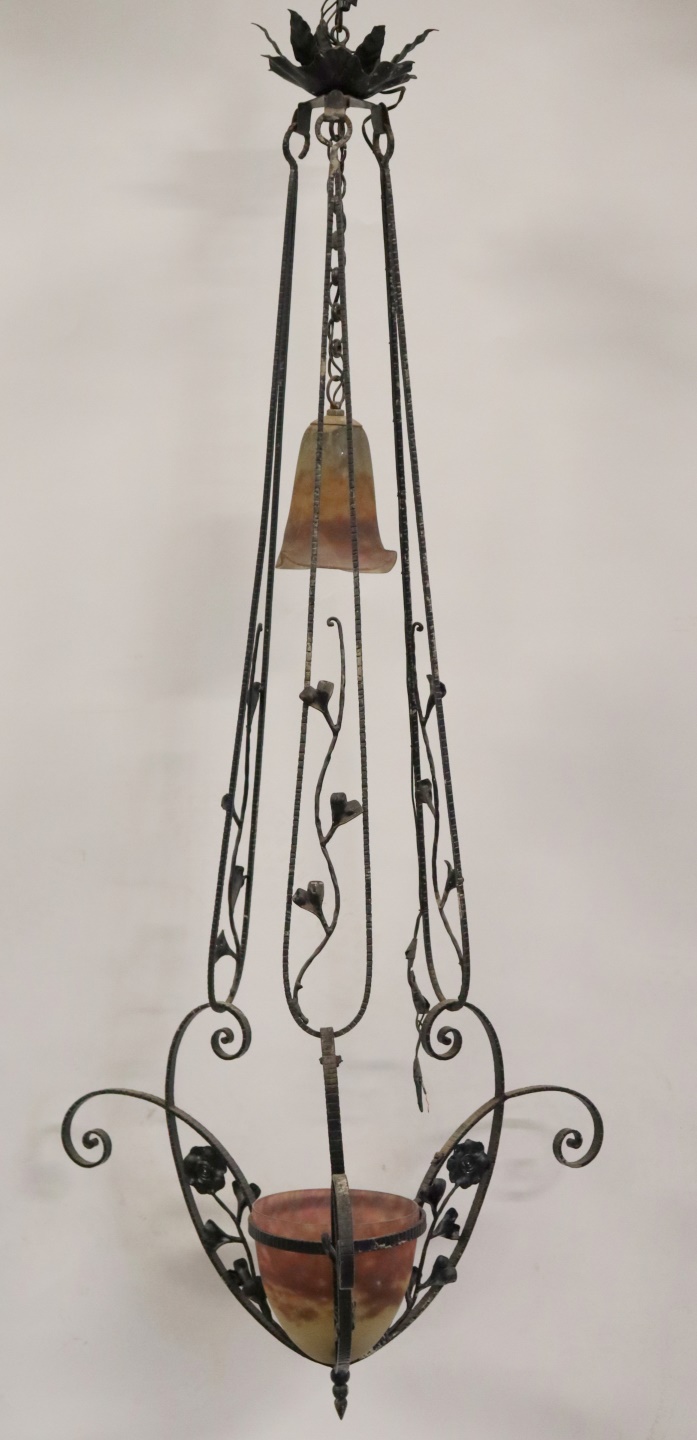 Appraisal: MULLER FRERES LUNEVILLE ART GLASS CHANDELIER Nice large wrought iron