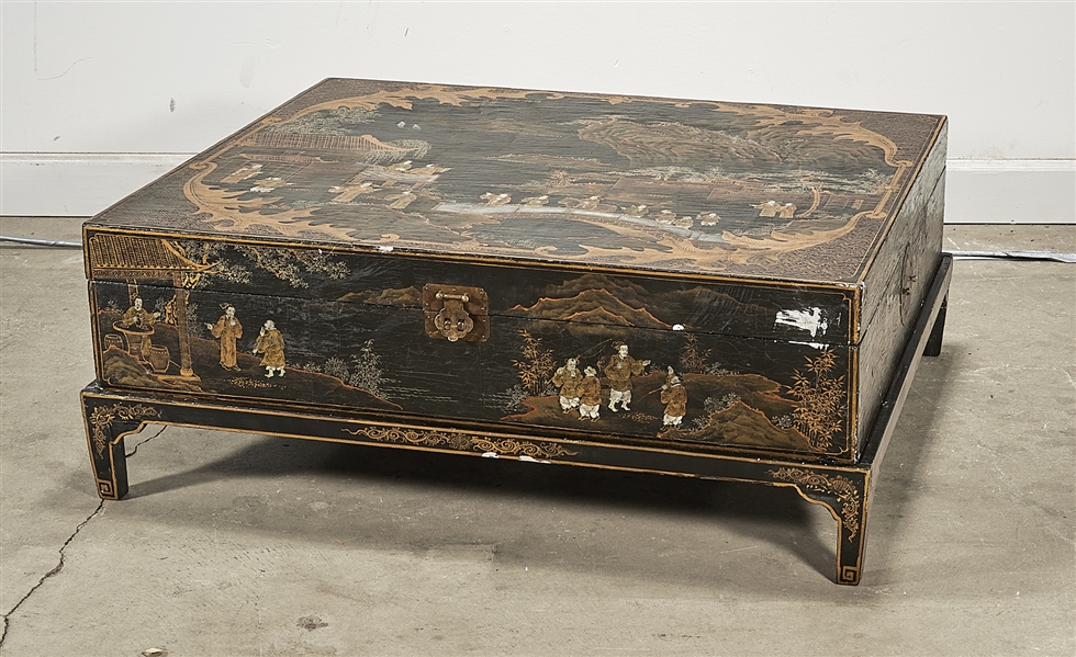 Appraisal: Chinese ink color and gilt painted wood chest depicting figures