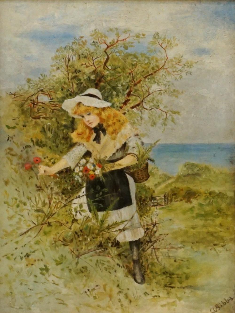 Appraisal: A Gibbe Girl Picking Flowers Oil on Canvas Frame x