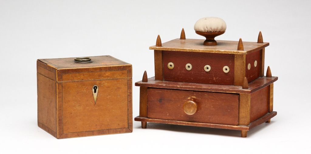 Appraisal: SHAKER STYLE SEWING BOX AND TEA CADDY American mid-nineteenth century