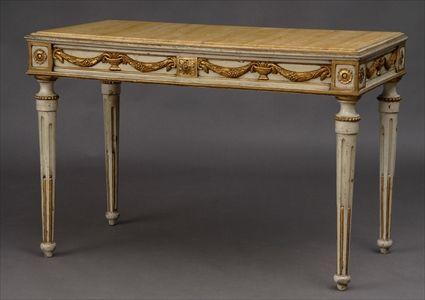 Appraisal: ITALIAN NEOCLASSICAL CARVED PAINTED AND PARCEL-GILT CONSOLE TABLE WITH MARBLE