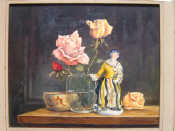 Appraisal: Richard Tearoe British 'Still Life with Roses and Figurine' Signed