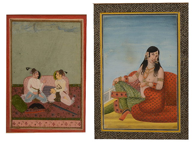 Appraisal: INDIAN SCHOOLMiniature of a Mughal lady seated against a red