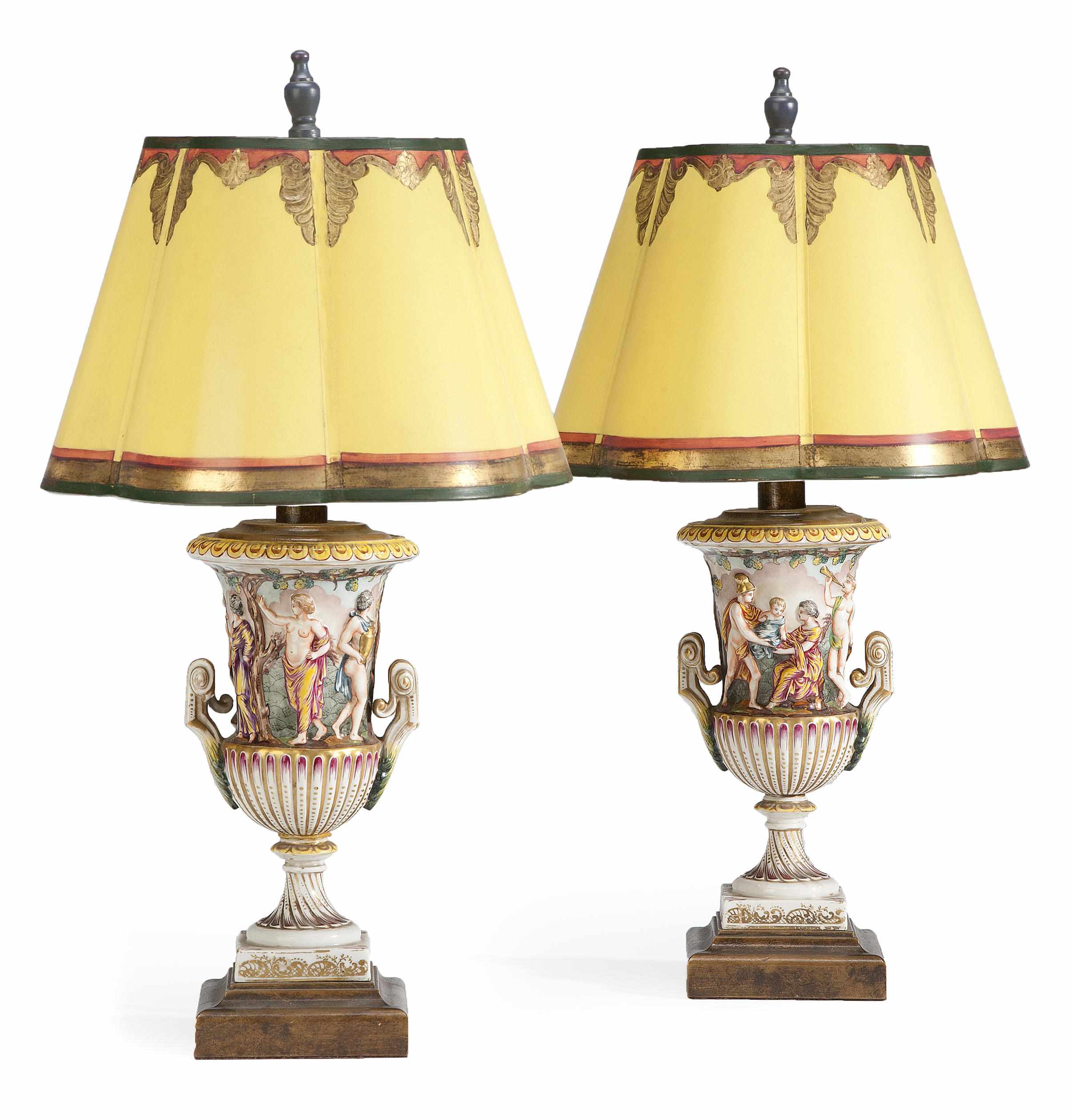 Appraisal: A pair of Capodimonte style porcelain urn form table lamps