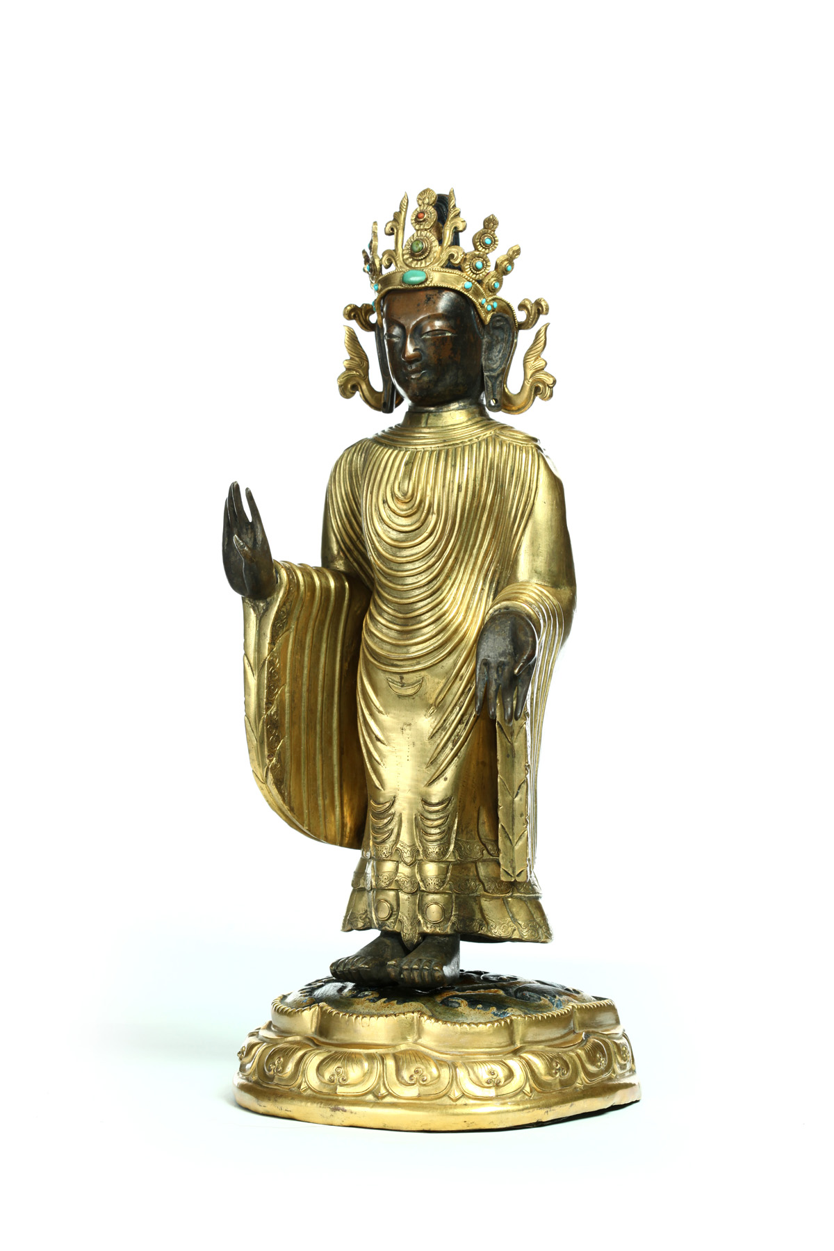 Appraisal: GILT BRONZE BUDDHA Sino -Tibetan th century Buddha standing on