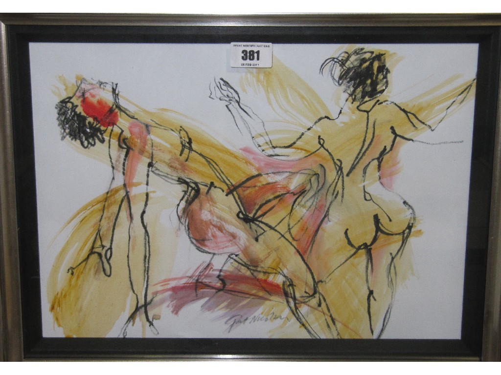 Appraisal: PAT NICOLSON Mixed media 'Exercise Class' signed recto and labelled