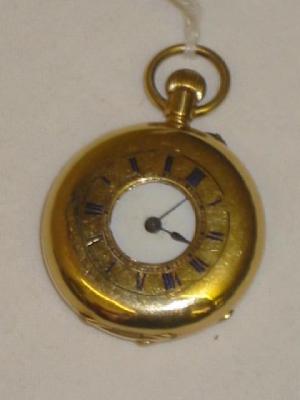 Appraisal: AN CT GOLD HALF HUNTER FOB WATCH with white enamel