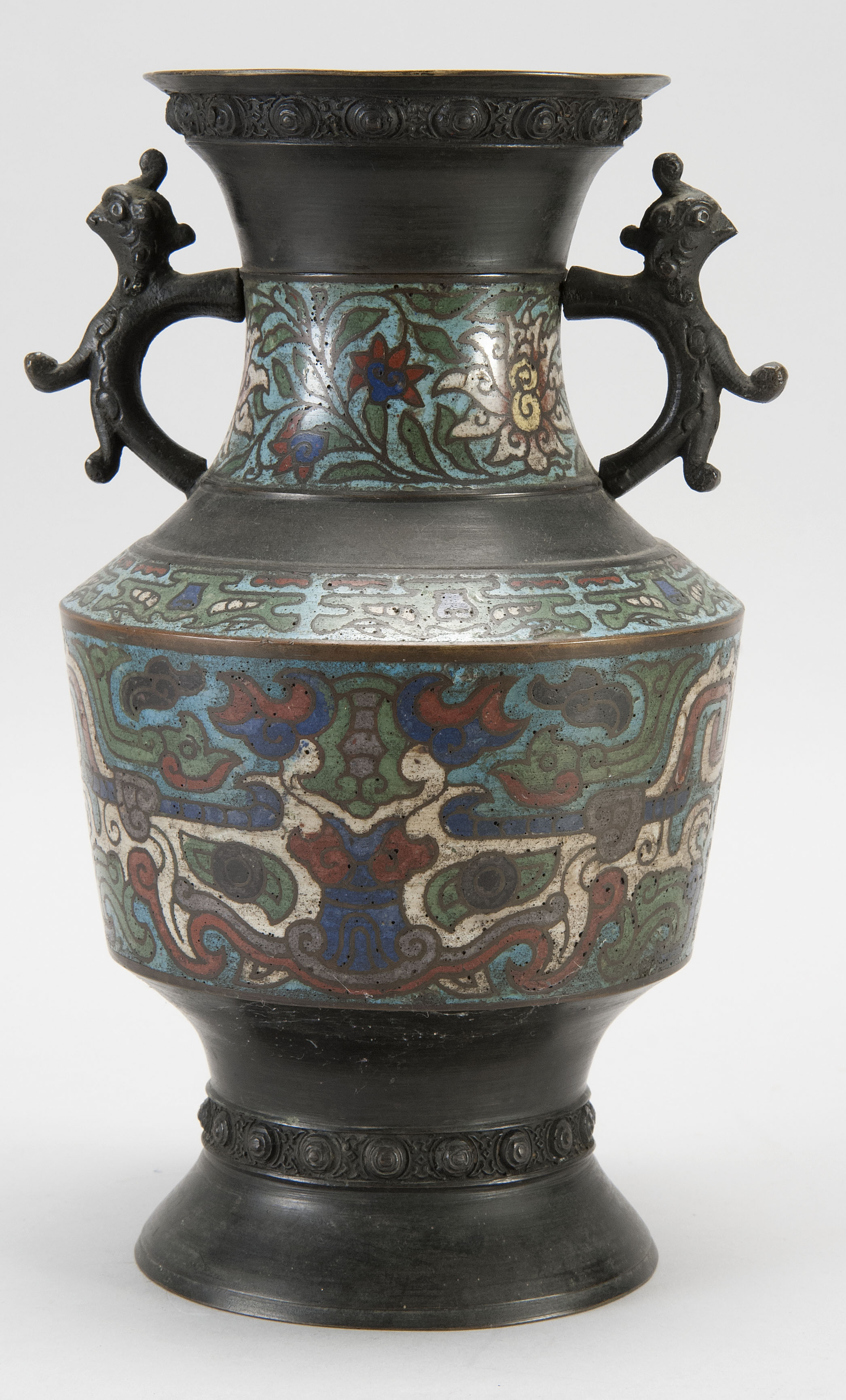 Appraisal: CHAMPLEV ENAMEL-ON-BRONZE VASE Meiji Period In baluster form with bird's-head