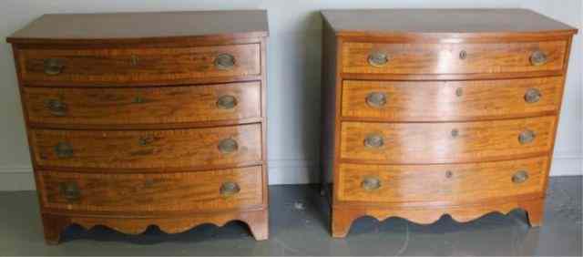 Appraisal: Pair of Mahogany Sheraton Style Bowfront DrawerChests Crossbanded drawer fronts