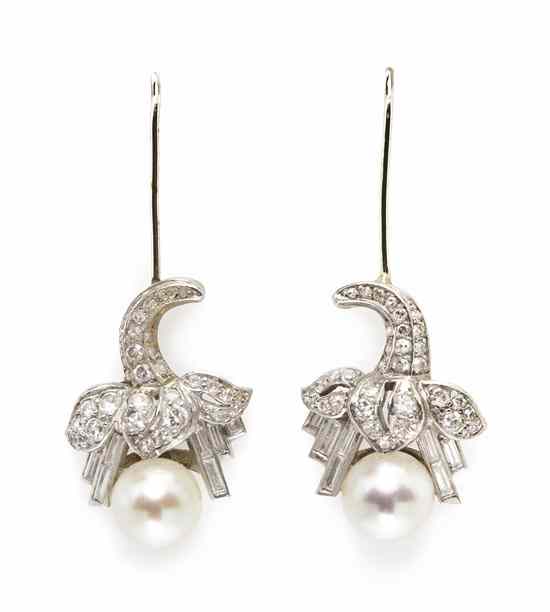 Appraisal: A Pair of Platinum Diamond and Cultured Pearl Earrings consisting