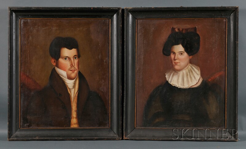 Appraisal: American School th Century Pair of Folk Portraits of a