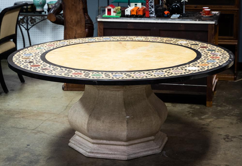 Appraisal: ROUND MARBLE CAST STONE DINING TABLEthe removable top with removable