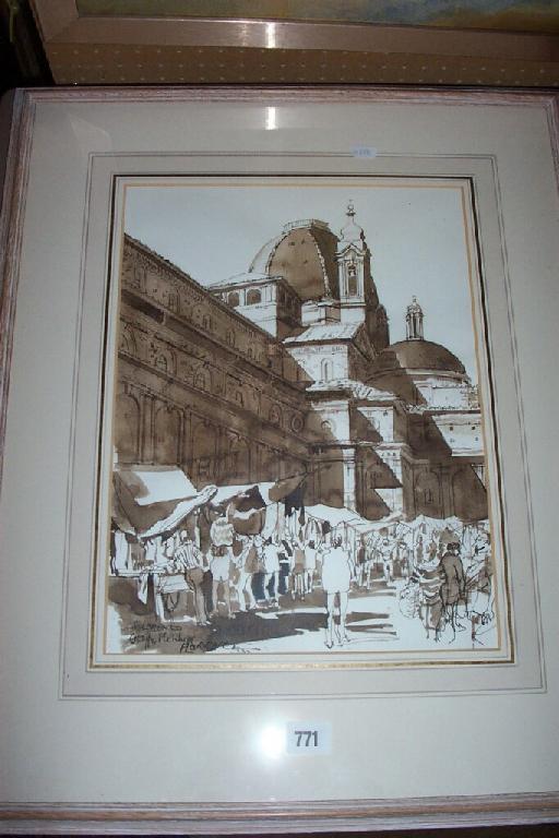 Appraisal: A watercolour of a busy market scene beside San Lorenzo